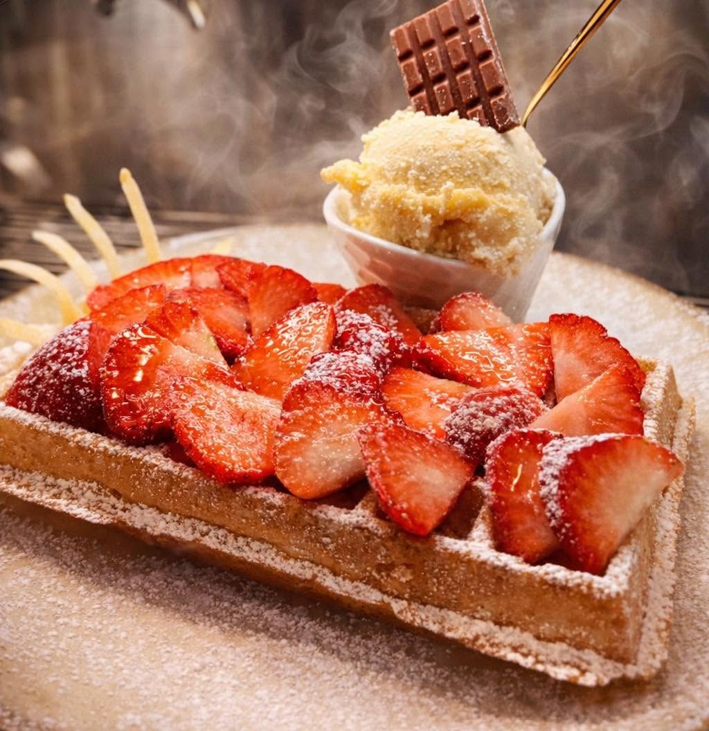 Brusselse wafel met verse aardbeien en een bolletje ambachtelijk ijs